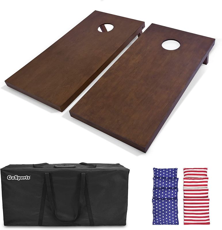 Photo 1 of GoSports Regulation Size Wooden Outdoor Lawn Game Wood Cornhole Set with 2 4 Foot x 2 Foot Boards and Carrying Case, Dark Brown

