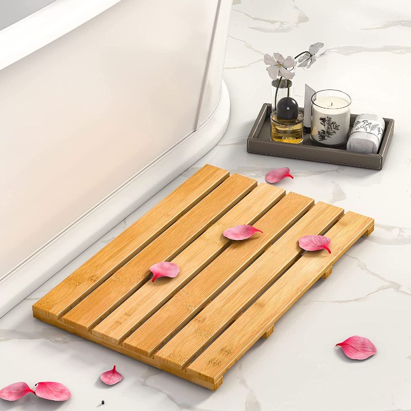 Photo 1 of Domax Wooden Bamboo Bath Shower Mat- Non-Slip Waterproof Large Bathroom Floor Mat for Indoor Outdoor (Bamboo, 21.26 x 14.17 x 1.3 Inches)
