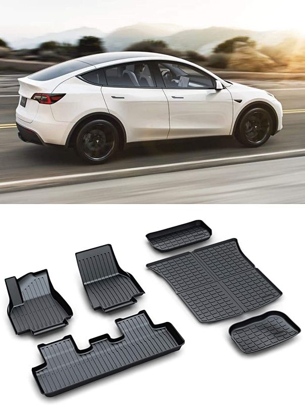 Photo 1 of All Weather Full Set of TPE Floor Mats and Rear Trunk Frunk Cargo Tray for Tesla Model Y 2020?2021 and 2022 - for 5 Seater Flexible Eco-Friendly Anti-Slip Waterproof Protection Liner (Set of 6)
