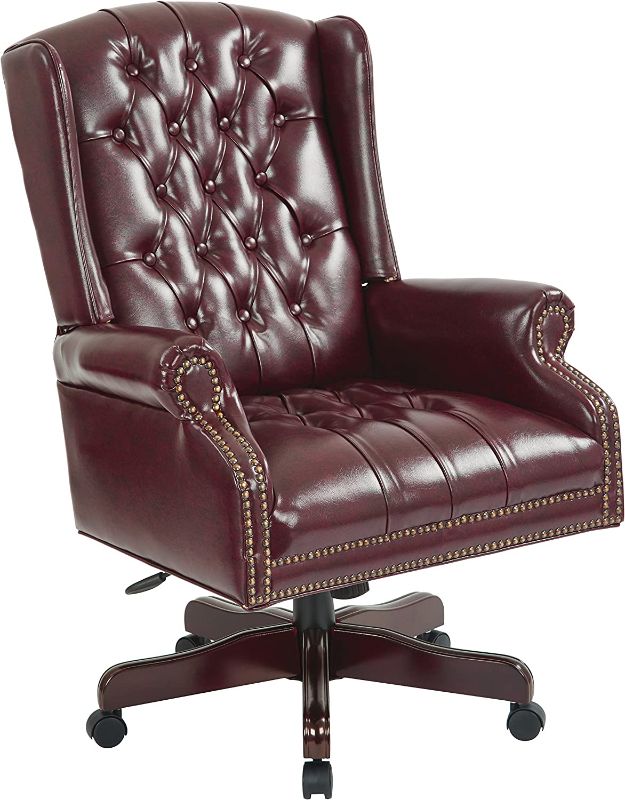 Photo 1 of Office Star Thick Padded Vinyl Deluxe Tufted High Back Traditional Executive Chair with Nailhead Accents and Mahogany Finish Base,Jamestown Oxblood Vinyl,TEX220-JT4
