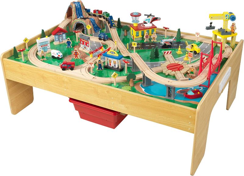 Photo 1 of KidKraft Adventure Town Railway Wooden Train Set & Table with EZ Kraft Assembly with 120 Accessories and Storage Bins, Gift for Ages 3+ 43.5" x 31" x 21.1"

