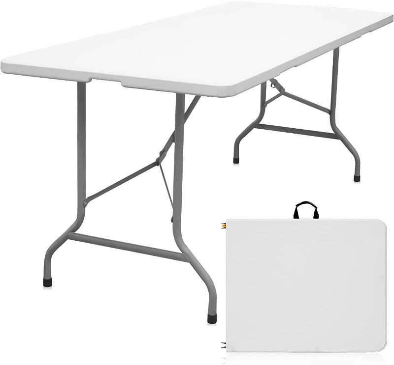 Photo 1 of Byliable Folding Table 4ft Portable Heavy Duty Plastic Fold-in-Half Utility Foldable Table Plastic Dining Table Indoor Outdoor for Camping, Picnic and Party, White
