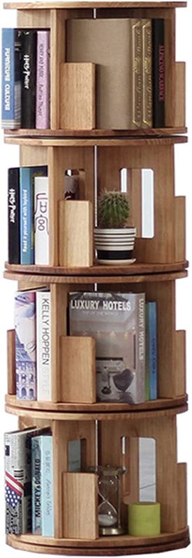 Photo 1 of 360° Rotating Bookshelf, 4 Tier Solid Hardwood Freestanding Display Stackable Bookcase, Oiled Oak Finish, for The Living Room, Study and Office(56x17x17 inch)
