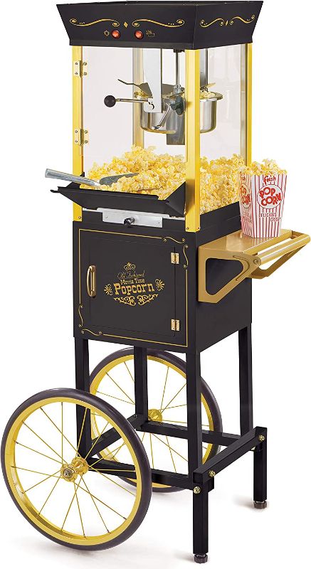 Photo 1 of Nostalgia Popcorn Maker Professional Cart, 8 Oz Kettle Makes Up to 32 Cups, Vintage Movie Theater Popcorn Machine with Interior Light, Measuring Spoons and Scoop, Black
