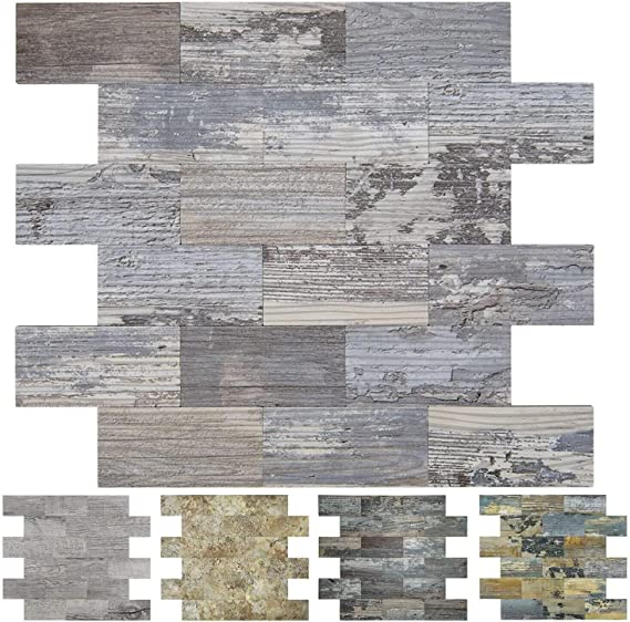 Photo 1 of Art3d Peel and Stick Distressed Wood Backsplash Tile, 5-Pack of 13.5"x11.4inches, Made Out of PVC Composite
