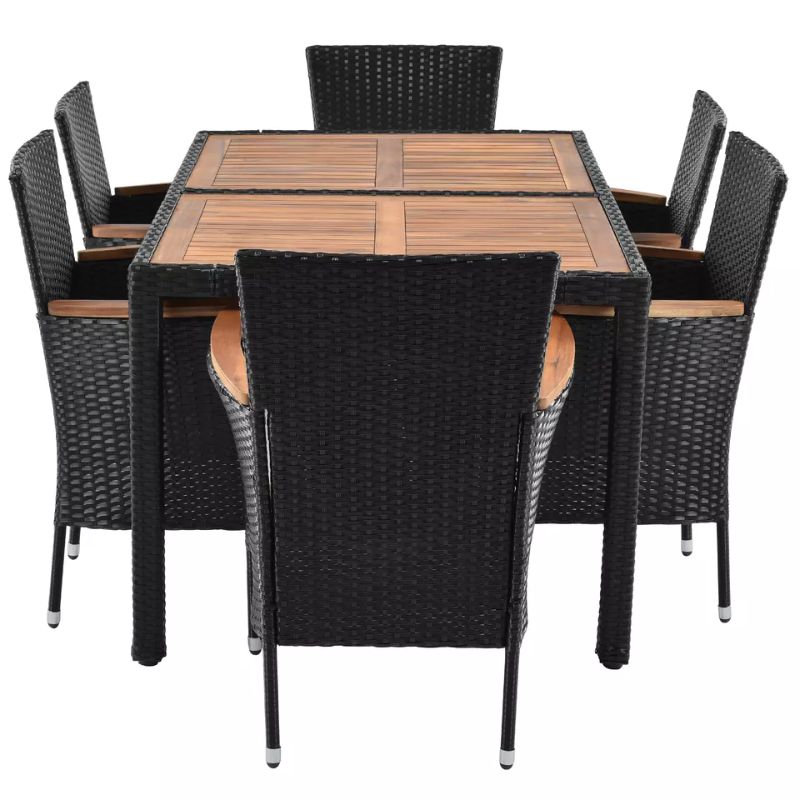 Photo 1 of 7-Piece Outdoor Rattan Wicker Dining Table and Chairs Set, Wood Tabletop, Stackable Armrest Chairs --- FOR PARTS ONLY -- SET NOT COMPLETE 