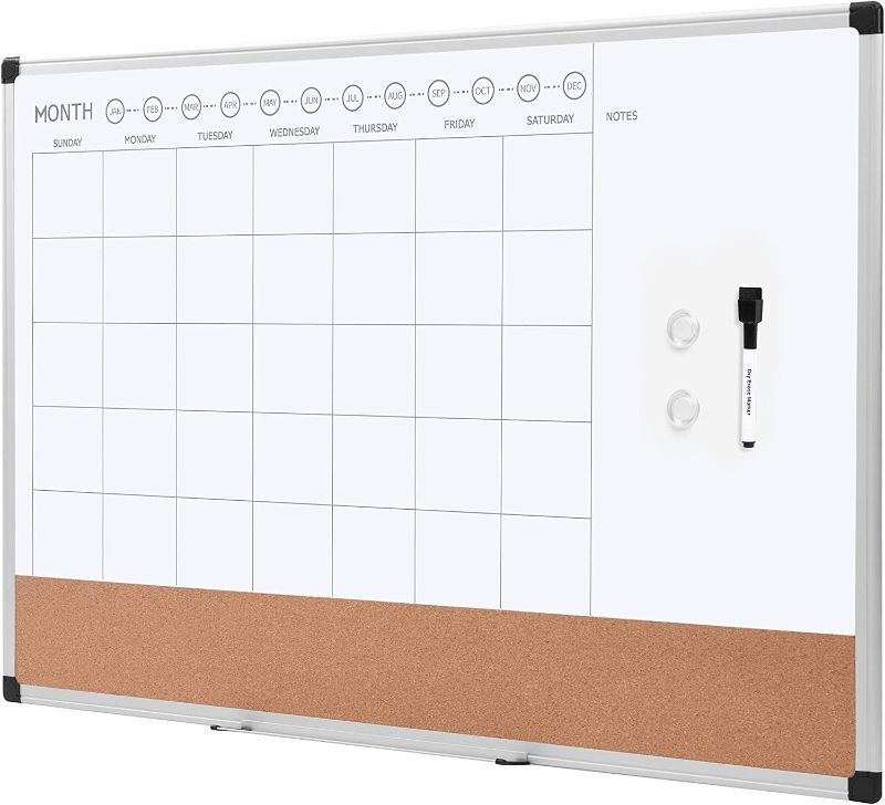 Photo 1 of Amazon Basics Monthly Calendar Whiteboard Dry Erase and Cork Board, Silver Aluminium Frame, 24 x 36 Inches
