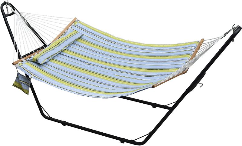 Photo 1 of Double Quilted Hammock with Heavy-Duty Steel Stand,Spreader Bards,Detachable Pillow and Cup Holder Included,Perfect for Indoor/Outdoor Patio and Yard,550 Lbs Capacity for 2 Person
