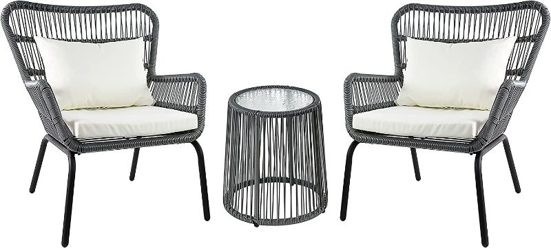 Photo 1 of Amazon Basics Outdoor All-Weather Woven Faux Rattan High Back Chair Set with Cushions and Side Table, Gray - 3-Piece Set
