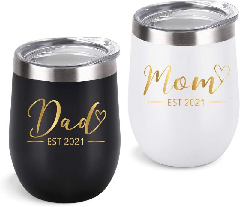 Photo 1 of 2 PK New Parents Wine Tumbler Set, Mom Dad Est 2021 Tumbler Set for New Mom Baby Shower New Parents New Pregnancy Baby Announcement, 12 Oz Insulated Stainless Steel Wine Tumbler, Black and White
