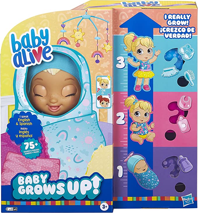 Photo 1 of Baby Alive Baby Grows Up (Happy) - Happy Hope or Merry Meadow, Growing and Talking Baby Doll, Toy with 1 Surprise Doll and 8 Accessories , Blue
