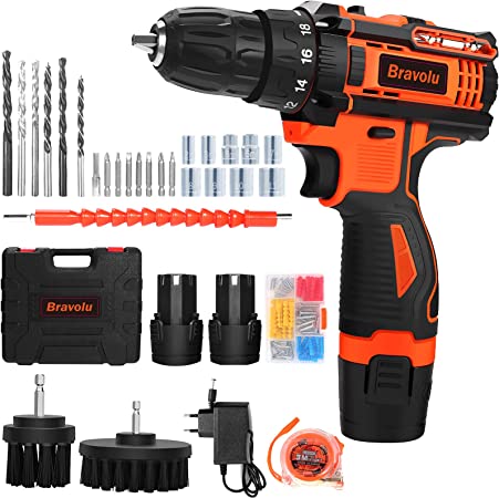 Photo 1 of Cordless Drill with 2 Batteries, Bravolu Electric Drill Set 12.6V Max 28 Nm (250 in-lb) Torque, 18+3 Clutch, 3/8" Keyless Chuck, Built-in LED, 2-Variable Speed Compact Drill Driver
