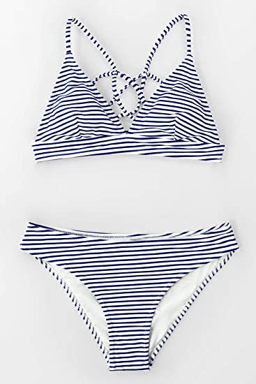 Photo 1 of CUPSHE Women’s Bikini Swimsuit Stripe V Neck Back Cross Two Piece Bathing Suit - SIZE MEDIUM 
