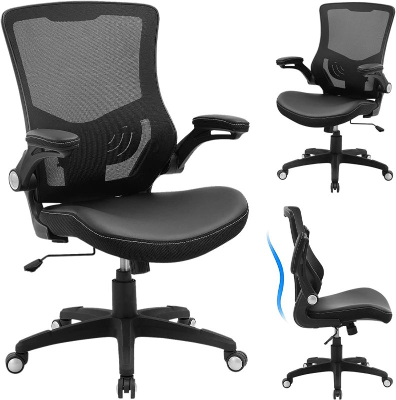 Photo 1 of Office Chair Ergonomic Desk Chair - Leather Cushion Adjustable Height Swivel Mesh Midback Computer Chair with Lumbar Support and Flip-up Armrests Executive Task Chair, Black
