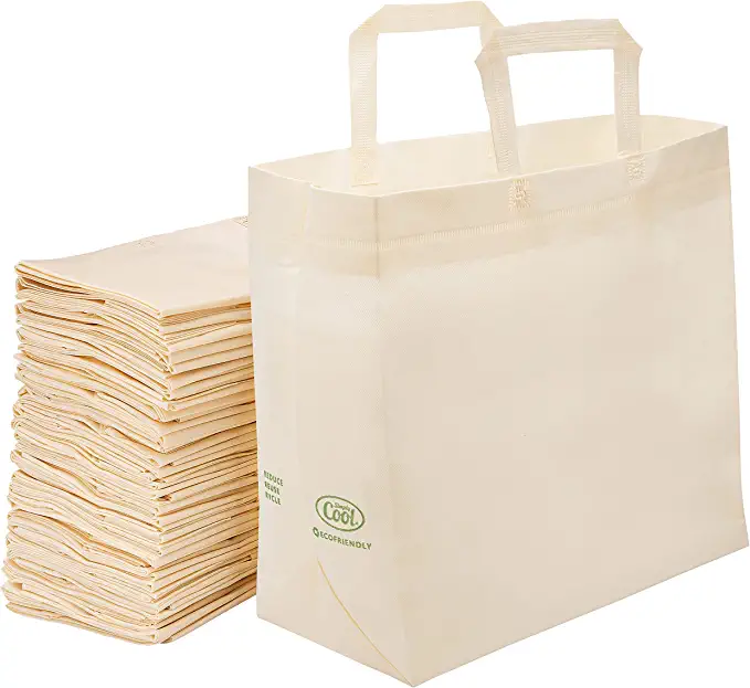 Photo 1 of 50 Pack Reusable Eco-Friendly Grocery Shopping Bags 14.5"x14"x6.6" Durable, Recyclable,Washable, Foldable, Portable Tote Bag (50 Pack Reusable Bags, Cream)
