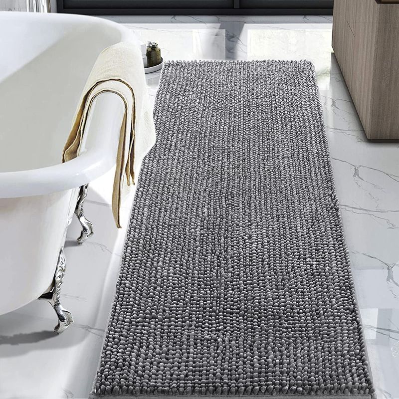 Photo 1 of Bathroom Rug Runner Non Slip Chenille Bath Rugs 24x60 Inch, Super Soft and Comfy Carpets, Plush Shaggy Absorbent Bath Mat Runners for Bathroom, Machine Washable, Light Gray