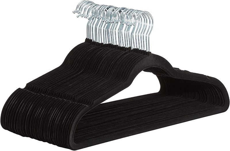 Photo 1 of Amazon Basics Slim, Velvet, Non-Slip Suit Clothes Hangers, Black/Silver - Pack of 100
