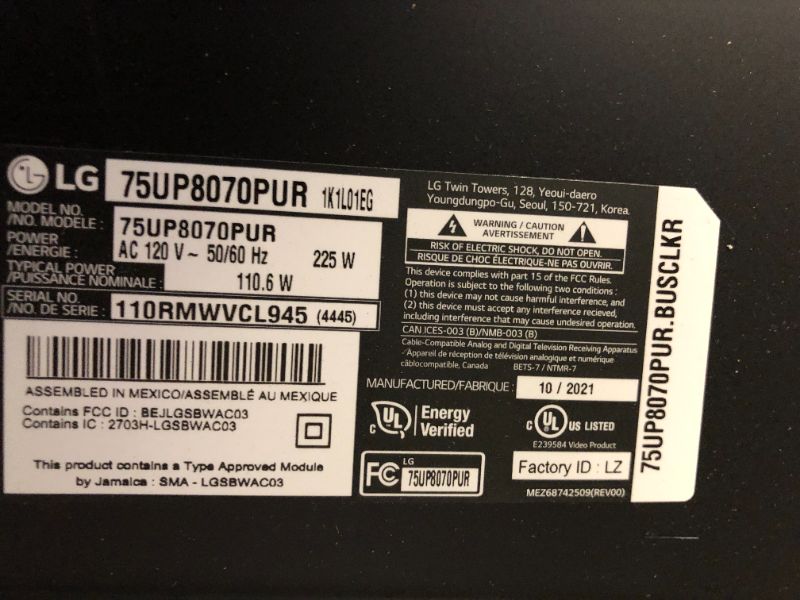 Photo 1 of LG UHD 80 Series 75 inch Class 4K Smart UHD TV with AI ThinQ® (74.5'' Diag) SELLING FOR PARTS ONLY