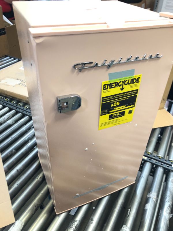 Photo 1 of 3.2 CU FT RETRO BAR FRIDGE, SEVERAL DENTS, NO BNOX, INSIDE UNUUSED BUT SHELVES NOT IN PLACE/BROKEN 