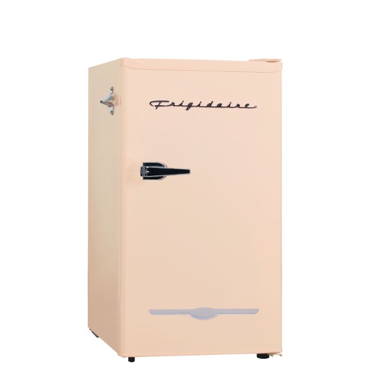 Photo 1 of 3.2 CU FT RETRO BAR FRIDGE, SEVERAL DENTS, NO BNOX, INSIDE UNUUSED BUT SHELVES NOT IN PLACE/BROKEN 