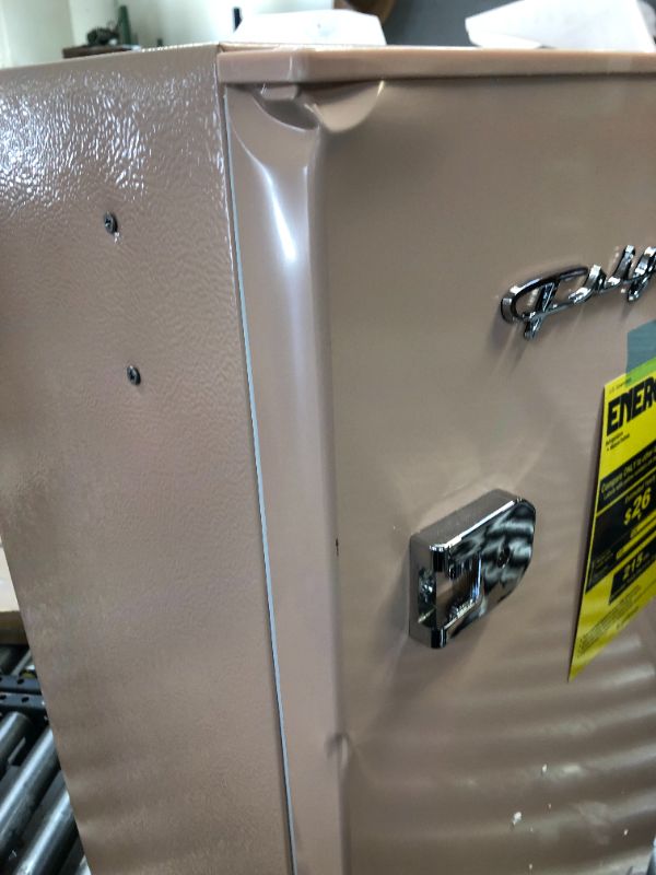 Photo 1 of 3.2 CU FT RETRO BAR FRIDGE, SEVERAL DENTS, NO BNOX, INSIDE UNUUSED BUT SHELVES NOT IN PLACE/BROKEN 