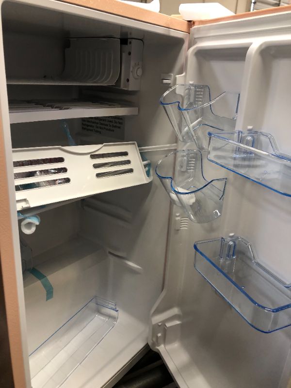 Photo 1 of 3.2 CU FT RETRO BAR FRIDGE, SEVERAL DENTS, NO BNOX, INSIDE UNUUSED BUT SHELVES NOT IN PLACE/BROKEN 
