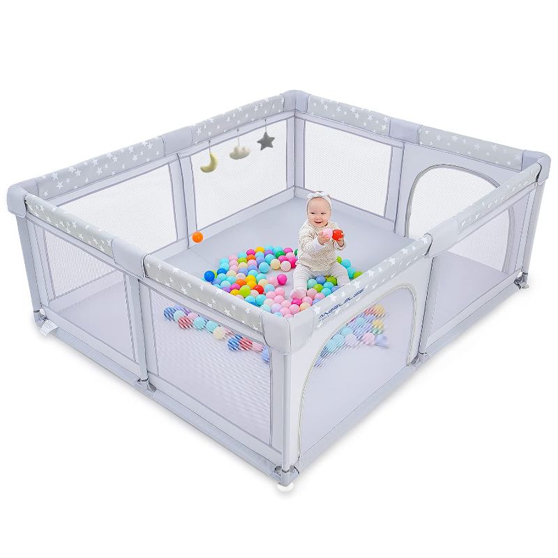 Photo 1 of Baby Playpen, ANGELBLISS Playpen for Babies and Toddlers, Extra Large Play Yard with Gate, Indoor & Outdoor Kids Safety Play Pen Area with 3 Plush Toys, Star Print (Grey, 71"×59")
