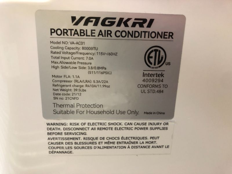 Photo 5 of VAGKRI Portable Air Conditioners 8000 BTU 3-in-1 AC Unit with Fan & Dehumidifier, Cools up to 250 sq. ft. ETL Protection with Side Handles & Casters, LED Display Full-Function, Remote Control, Timer
