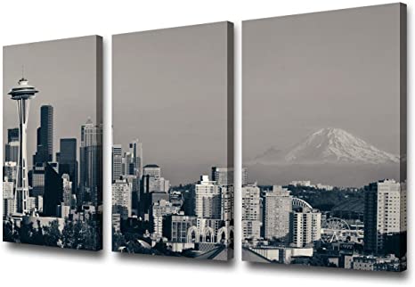 Photo 1 of 3 Piece Black and White Canvas Wall Art City Seattle Skyline Wall Pictures for Living Room Modern Washington Cityscape Art Wall Decor Stretched and Framed Ready to Hang - 24'' x 12'' x 3 Panels
