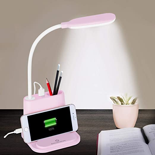 Photo 1 of LED Desk Lamp, NovoLido Rechargeable Desk Lamp with USB Charging Port/Pen Holder/Phone Holder, Small Study Cute Lamp for Kids/Home/Office/Dorm, Flexible Portable Bedside Table Lamp for Reading (Pink)
