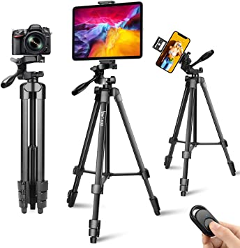 Photo 1 of Lusweimi 60-Inch Tripod for ipad iPhone, Camera Tripod for Phone with 2 in 1 Tripod Mount Holder for Cell Phone/Tablet/Webcam/Gopro, Tripod with Carry Bag and Wireless Remote for Photography/Video
