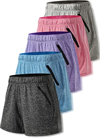 Photo 1 of 5 Pack: Womens Workout Gym Shorts Casual Lounge Set, Ladies Active Athletic Apparel with Zipper Pockets size L 