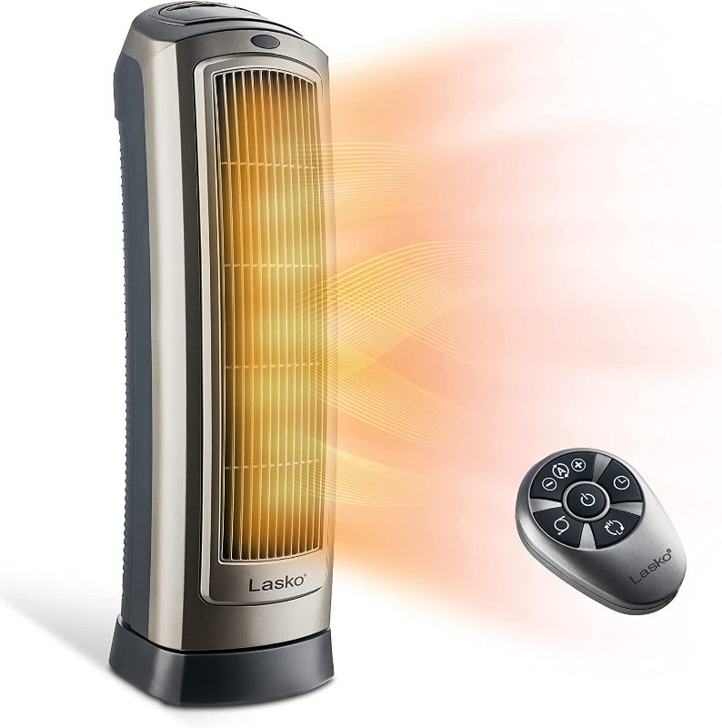 Photo 1 of Lasko Oscillating Digital Ceramic Tower Heater for Home with Adjustable Thermostat, Timer and Remote Control, 23 Inches, 1500W, Silver, 755320
