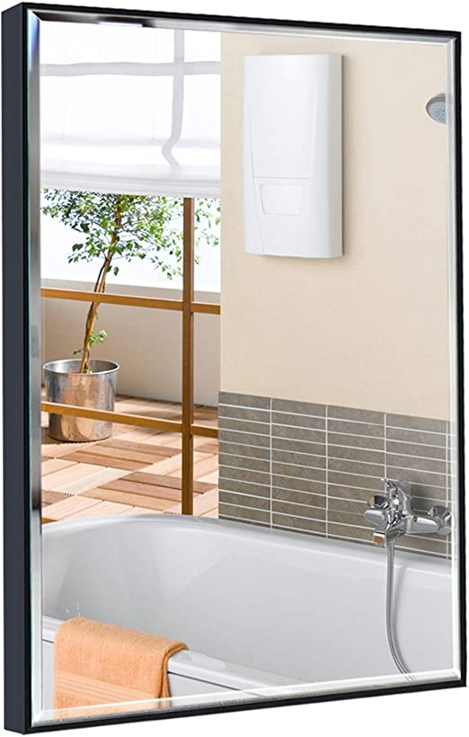 Photo 1 of Calenzana 24x36 Wall Mirror with Black Frame, Explosion-Proof Beveled Hanging Mirrors for Bathroom Living Room Bedroom Makeup Vanity
