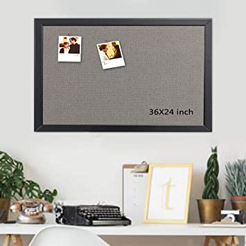 Photo 1 of Cork Board 36 x 24 Inch, 100% Wood Framed Canvas Bulletin Board with Grey Fabric, Wall Mounted Notice Board for Home Office School
