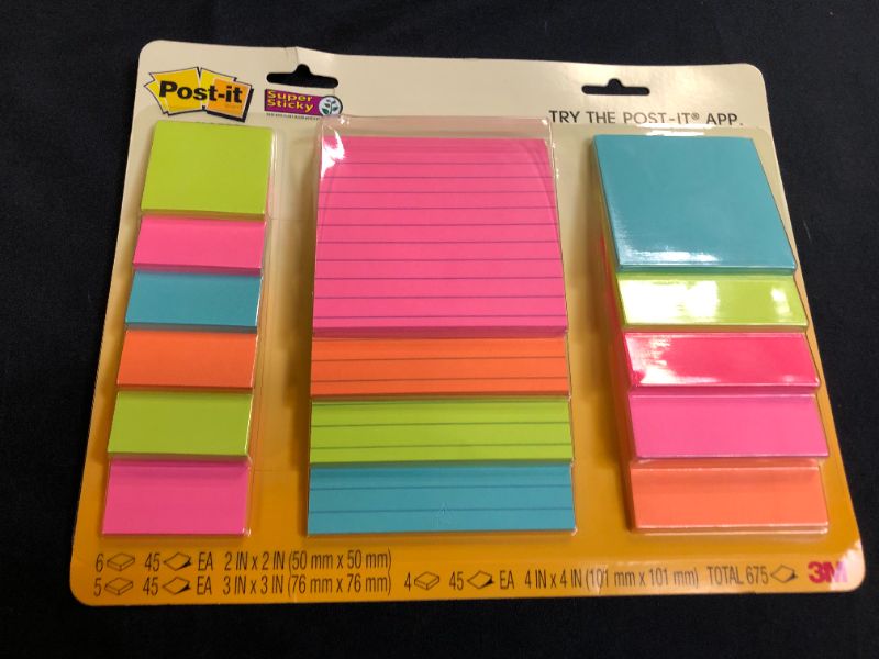 Photo 2 of Post-it Super Sticky Notes, Assorted Sizes, 15 Pads, 2x the Sticking Power, Miami Collection, Neon Colors (Orange, Pink, Blue, Green), Recyclable (4423-15SSMIA)
