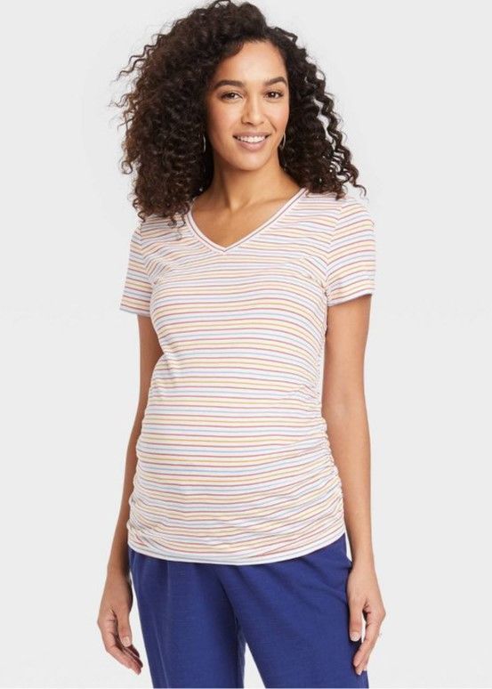 Photo 1 of (1 case, 6 pack) Short Sleeve V-Neck Side Shirred Maternity T-Shirt - Isabel Maternity by Ingrid & Isabel, Medium 