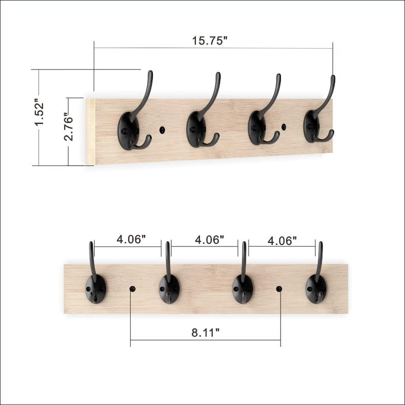 Photo 1 of BAMEOS Wall Mounted Coat Rack, Bamboo Wall Coat Rack Hooks, Coat Hat Hanger Hooks, 4-Hook Rail for Entryway, Bathroom, Bedroom,Closet Room, Kitchen (Wash White)
