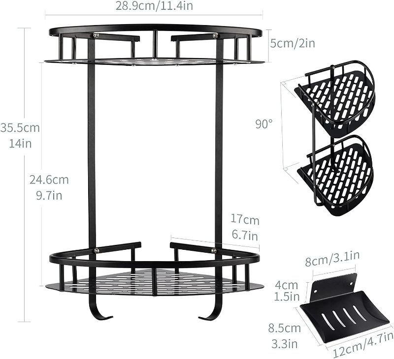 Photo 1 of Corner Shower Caddy/2 Tiers Shower Caddy Corner/No Drilling Dual Purpose Wall Mounted Aluminum Adhesive Corner Shower Caddy Standing with 5Pcs Removable Hooks/1 Soap Dish Holder
