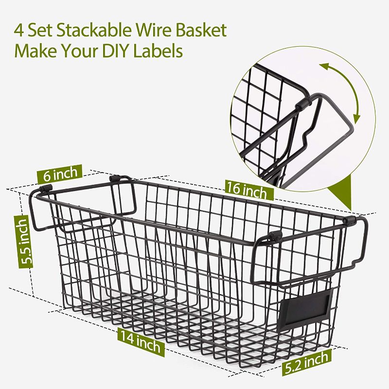 Photo 1 of 4 Pack [ XL Large ] STACKABLE Wire Baskets for Organizing - Pantry Storage and Organization Metal Bins for Produce, Food, Fruit - Kitchen Bathroom Closet Cabinet, Countertop, Under Sink Organizer
