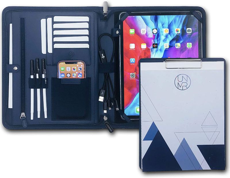 Photo 1 of UNIMIRA Grand iPad 12.9 (2019-2021) Zippered Leather Portfolio Padfolio, Navy Blue, Business Case Organizer for Ipad 12.9, Letter Notepad Binder, Men and Women, Corporate Gift
