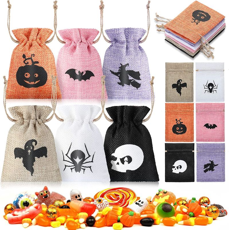 Photo 1 of 90 Pieces Halloween Favor Bag Halloween Burlap Gift Bags Goody Treat Bags with Drawstrings Small Candy Pouches Halloween Linen Treat Bags for Halloween Birthday Party Supplies(6 Designs)

