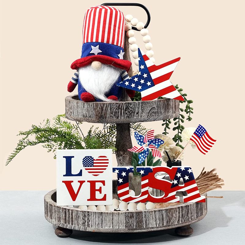 Photo 1 of 4th of July Tiered Tray Decor, Patriotic Decorations for Independence Day, Fourth of July Decorations for Home, Wooden Signs wth Stars and Stripes, Cute Gnomes Plush, Red White Blue, (4 Pcs)
