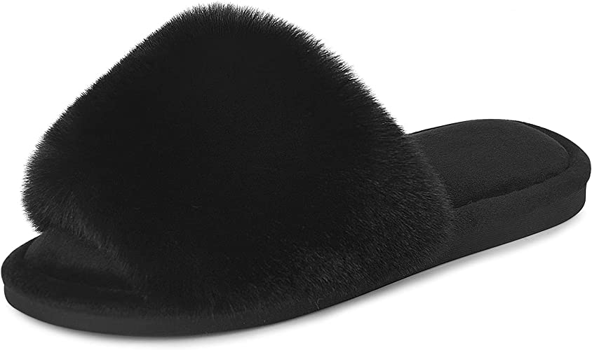 Photo 1 of Women's Faux Fur Slippers Fuzzy Flat Spa Fluffy Open Toe House Shoes Indoor Outdoor Slip on Memory Foam Slide Sandals
 SIZE 10 