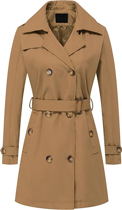 Photo 1 of Women's Double Breasted Trench Coats Mid-Length Belted Overcoat Long Dress Jacket with Detachable Hood
 SIZE M