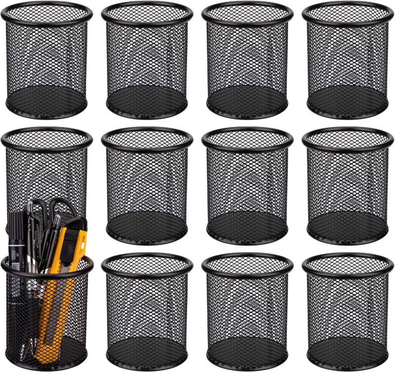 Photo 1 of Nicunom 12 Pack Metal Pen Holder Mesh Pencil Holder Desk Organizer Mesh Round Pen Cup Pencil Cup for Desk Office Pen Organizer, Black
