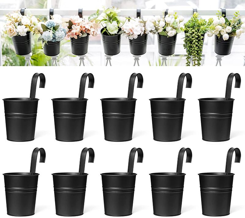 Photo 1 of Dahey 10 Pcs Hanging Flower Pots Metal Iron Bucket Planter for Railing Fence Balcony Garden Home Decoration Flower Holders with Detachable Hooks, Black, 4 Inches
