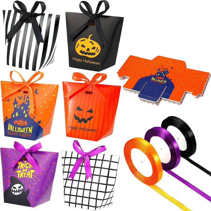 Photo 1 of 30 Pieces Halloween Paper Candy Bags Trick or Treat Goody Bags Halloween Party Favor Bags with 3 Rolls Double Face Halloween Satin Ribbons for Children Halloween Party Decoration Supplies
 2 COUNT 
