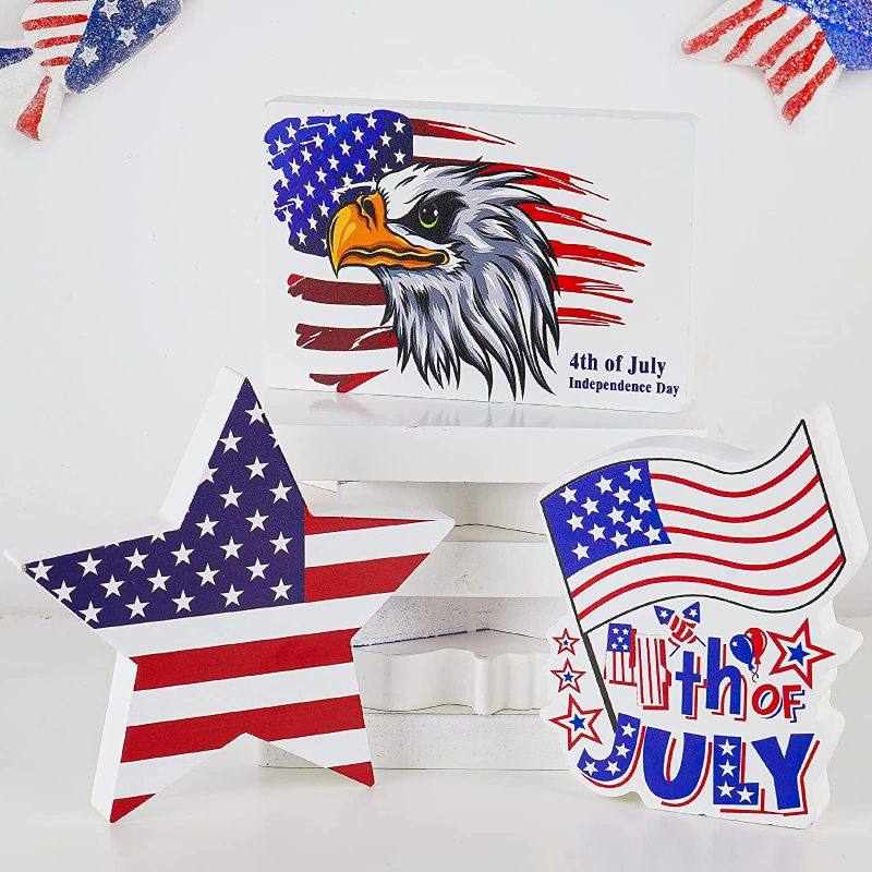 Photo 1 of BOMIER 3 Pcs 4th of July Decorations, Memorial Day Decorations With Patriotic Stars, Star & Stripes, and America Eagle, Red White and Blue Decorations, Independence Day Decorations for Home Fireplace, Shelf, Coffee Table, Tray
