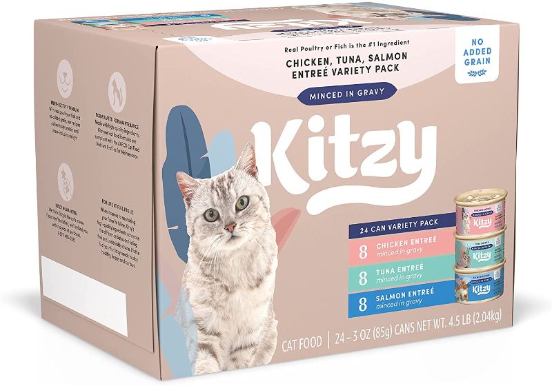 Photo 1 of Amazon Brand – Kitzy Wet Cat Food, Variety Pack, Poultry & Seafood cuts in Gravy, Grain Free, 3oz (24 pack)
 EXP 01/30/25